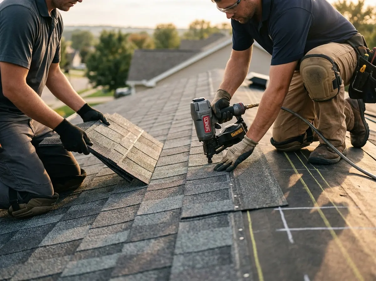 Professional roofer working on a residential roof in Blackhawk